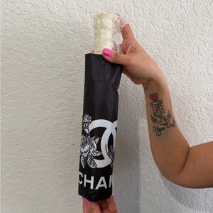 Chanel Black & White Umbrella w/ Rose Design